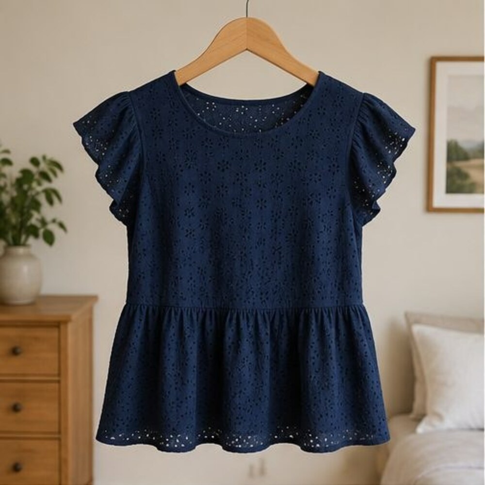 Navy Eyelet Peplum Blouse